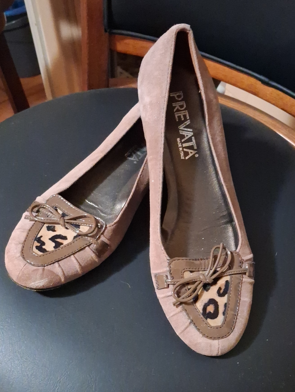Prevata Taupe Suede Ballet Flats with Leopard Accent
